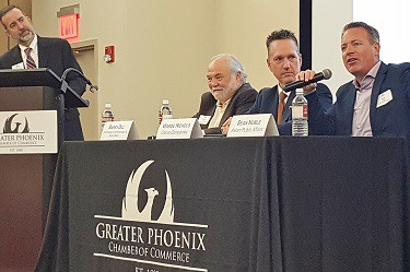 (LtoR) Moderator John Moody leads a panel featuring Barry Dill of FirstStrategic, Warde Nichols of Clarus Companies and Sean Noble of Axiom Public Affairs during the Sept. 29 Premier Leadership Series: Election Projections event at the National Bank of Arizona Conference Center. (Photo by Josh Coddington/GPCC).