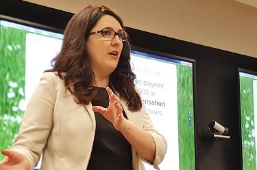 Snell & Wilmer employment law attorney Ashley Kasarjian provides tips to employers on complying with new federal labor laws on Oct. 18. (Photo by Josh Coddington/GPCC)