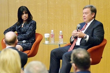 Chancellor Maria Harper-Marinick of Maricopa County Community College District and ASU President Michael Crow discussed the economy and education during Valley Voices presents The Intersection of Higher Education and the Economy on Jan. 24. (Photo by Ashley McKnightGPCC)
