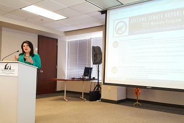 Republican Arizona Senate Majority Leader Kimberly Yee outlines the Senate GOP 2017 Majority Plan during a Jan. 27 presentation to the Greater Phoenix Chamber of Commerce Public Affairs Committee. (Photo by Josh Coddington/GPCC)