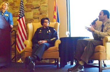Maricopa County Sheriff Paul Penzone discusses his approach to law enforcement with Phoenix Police Chief Jeri Williams and moderator Sarah Strunk of Fennemore Craig during a Greater Phoenix Chamber of Commerce Premier Leadership Series event on Feb. 23.